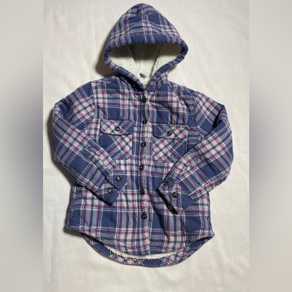 Boston Traders Jacket Girls Medium 10/12 Flannel Purple Pink Gray Hooded - Picture 1 of 9